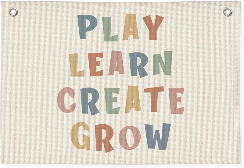 PLKMN Playroom Wall Decor, Play Learn Create Grow Boho Canvas Banner Wall Hanging Flag Decor for Nursery Classroom Kids Room - Image 1